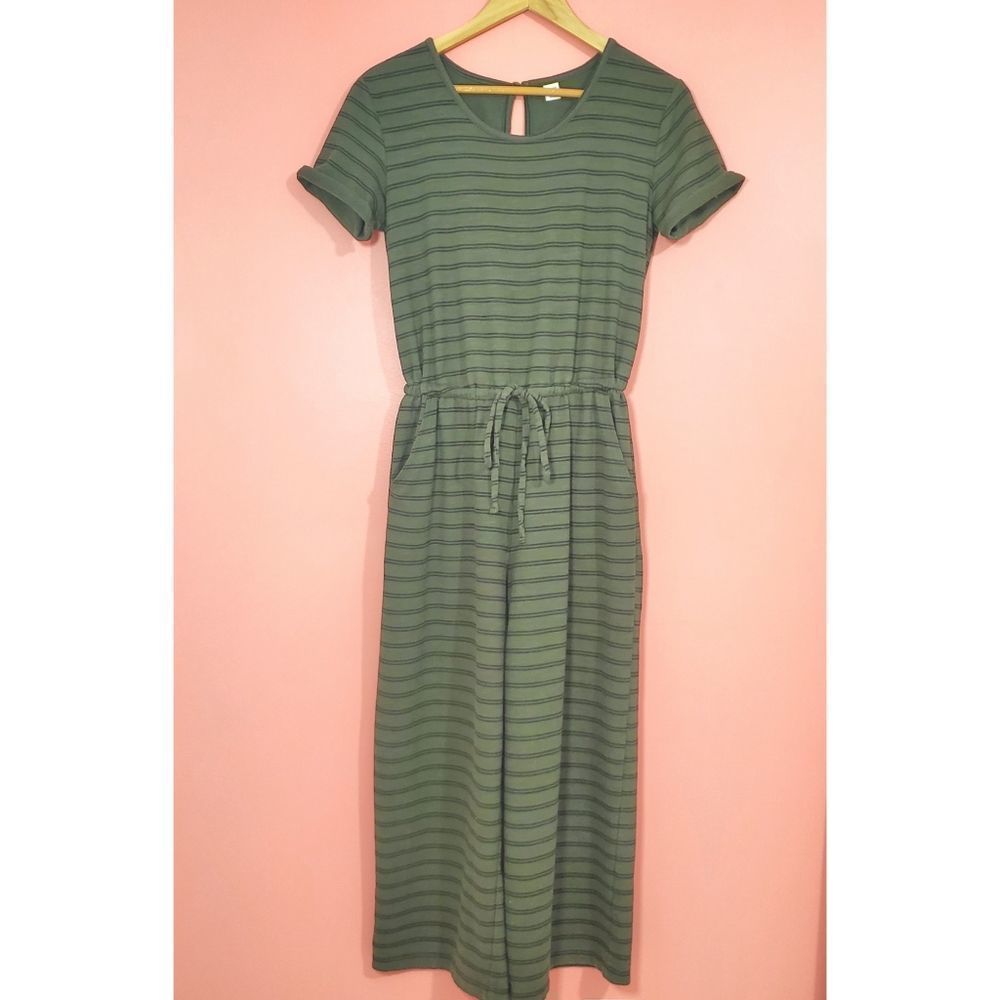 Olive and black striped Short Sleeve Adjustable Wide Leg Midi Summer Jumpsuit